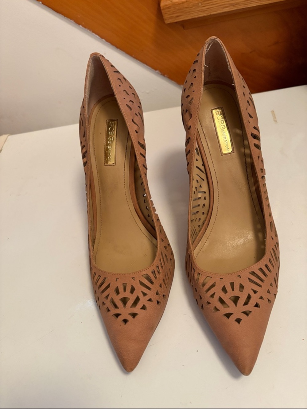 BCBGMaxAzria Laser-Cut Pointed Pumps in Dusty Taupe